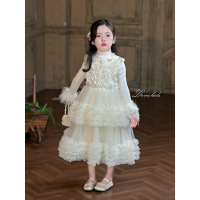 Domikids女童白色亮片连衣裙秋季新款小女孩高级感公主蛋糕礼服裙