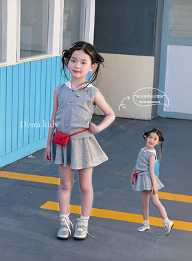 Domi女童夏季韩版休闲运动套装2026新款灰色无袖卫衣百褶裙两件套