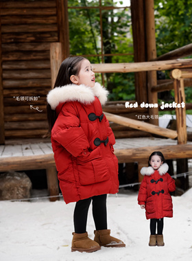 【特价清仓】女童90白鸭绒羽绒服宝宝中长款红色大毛领韩版厚外套