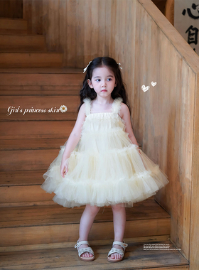 Domikids女童白色吊带凸凸连衣裙宝宝网纱公主裙蓬蓬裙生日礼服