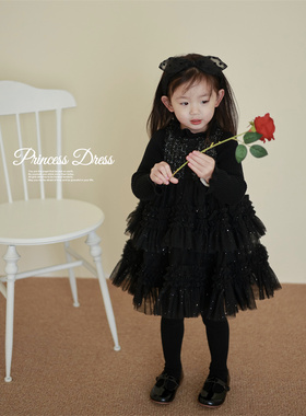 Domikids 女童秋冬黑色细闪背心裙儿童公主裙蓬蓬裙宝宝网纱礼服