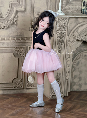 Domikids女童连衣裙2025年夏季新款粉色拼接蓬蓬裙女孩网纱公主裙