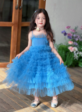 Domi女童夏日吊带网纱蛋糕裙2026小女孩度假风蓝色连衣裙生日礼服