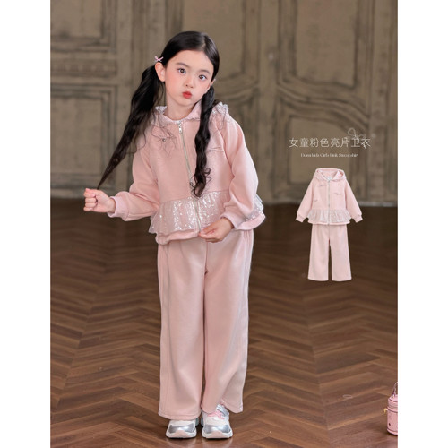 Domi女童秋季连帽套装2026新款儿童粉色亮片休闲卫衣喇叭裤两件套