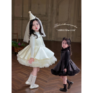 Domi女童黑白绸缎天鹅公主蓬蓬裙小女孩生日花童表演出小礼服