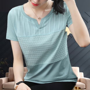 半袖 2022春夏新款 女装 蕾丝拼接t恤女纯色V领宽体恤打底衫 打底 短袖