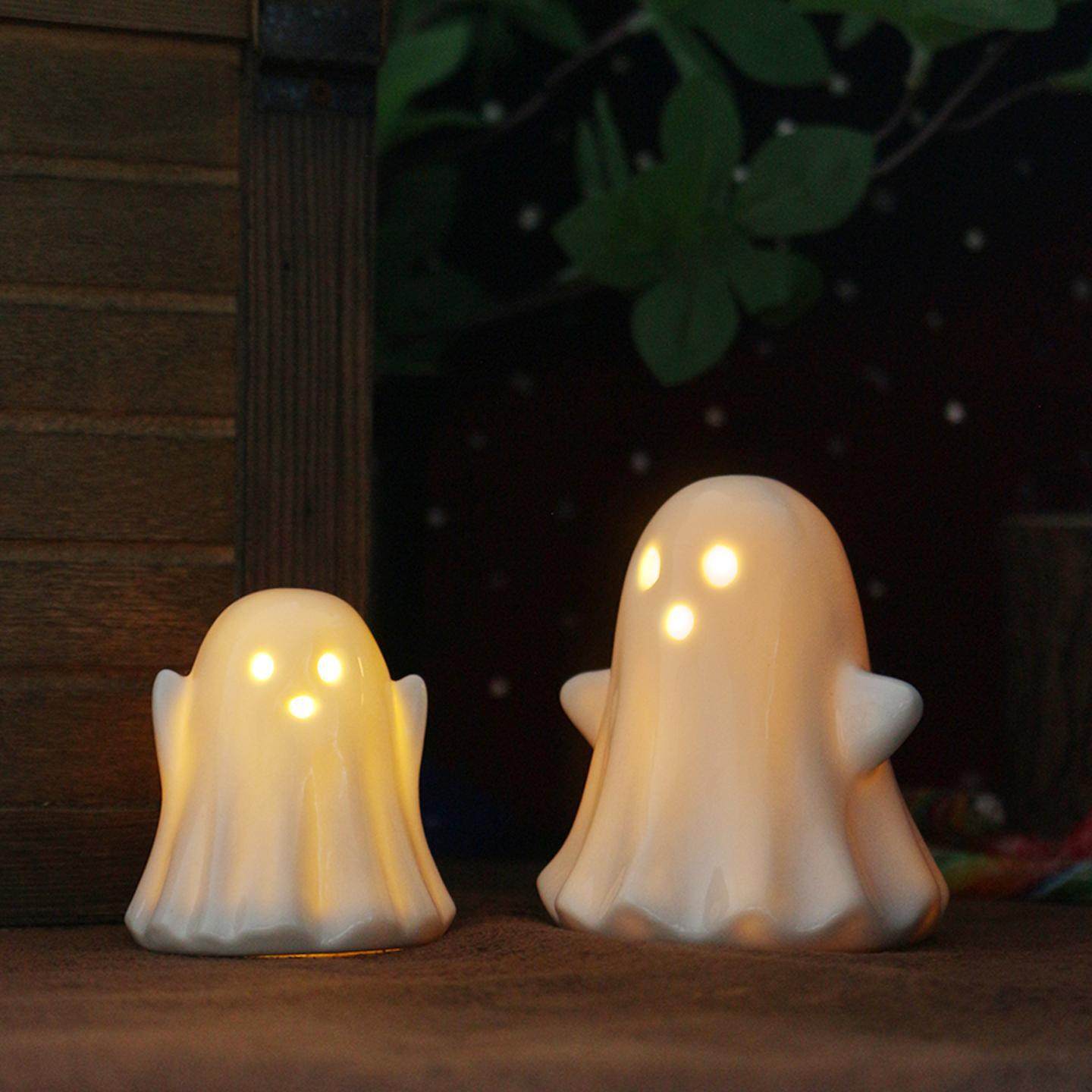 跨境万圣节新品陶瓷LED灯幽灵套二家居桌面户外庭院花盆装饰摆件