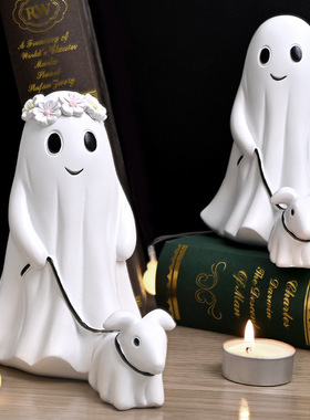 万圣节树脂小幽灵遛狗摆件Ghost Walking Dog Statue家居创意装饰