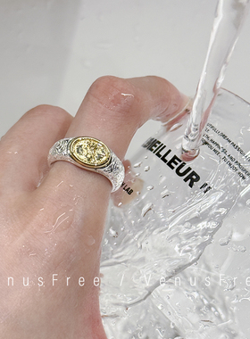 重工加厚加粗925纯银高级感纹理金色圆币质感戒指环开口简约韩国