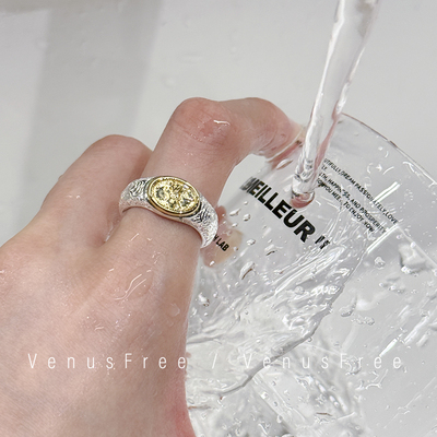 重工加厚加粗925纯银高级感纹理金色圆币质感戒指环开口简约韩国