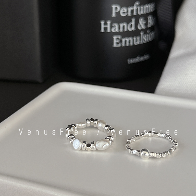 芭蕾少女!925纯银手工定制异形天然巴洛克珍珠闪闪小石块弹力戒指