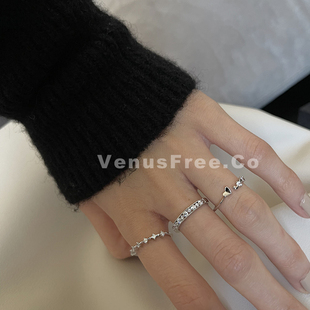 精致女孩日常叠戴925纯银5款选超细闪钻满钻设计感爱心戒指环简约