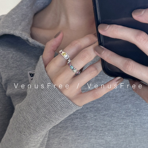 925纯银小花彩钻滴油戒指叠戴