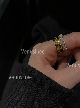 牛货！不掉色2入 金色链条麻花/单排闪钻925纯银镀18k金戒指简约