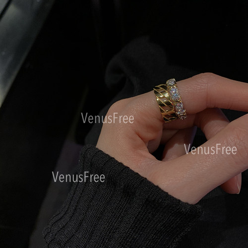 牛货金色麻花单排纯银简约风戒指