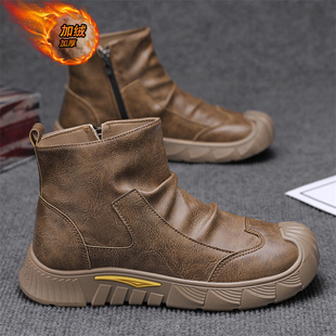 工地上班侧拉链皮鞋 加绒保暖棉鞋 防水防滑休闲马丁靴 冬季 劳保男鞋