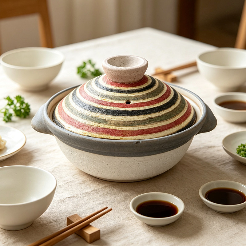 日本进口手作条纹土锅双耳带盖砂锅家用耐高温炖锅煲仔饭锅汤锅