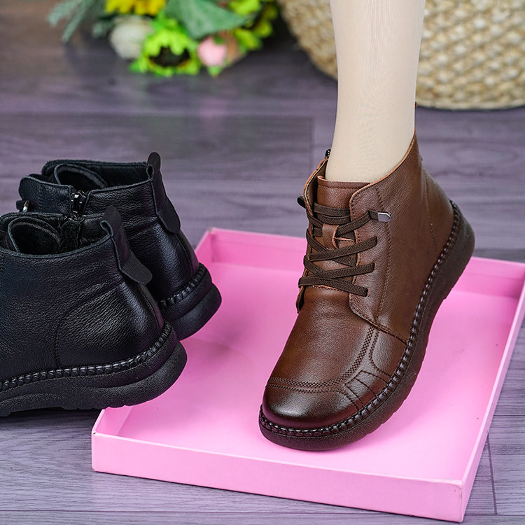 真皮平底短靴女2025秋冬新款软底软面加绒保暖棉靴舒适轻便妈妈鞋,女鞋,马丁靴,淘宝优惠券,粉丝福利购,淘宝优惠卷