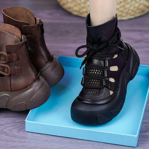 真皮牛皮厚底镂空罗马凉鞋