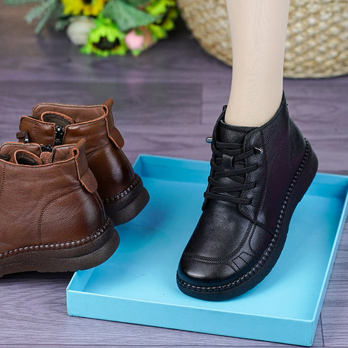 真皮平底短靴女秋冬新款牛筋软底软面加绒保暖棉靴舒适轻便妈妈鞋