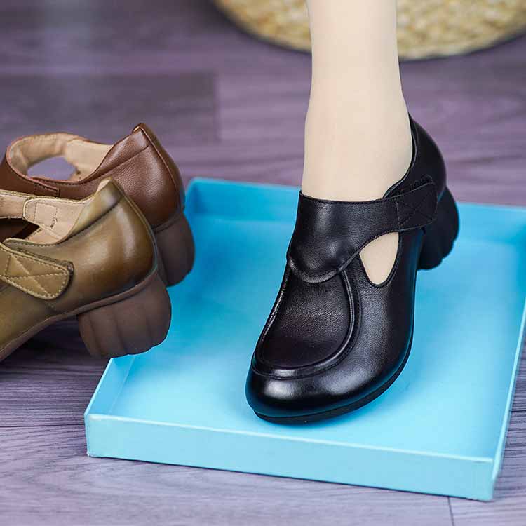 真皮粗跟软底软面民族风妈妈鞋