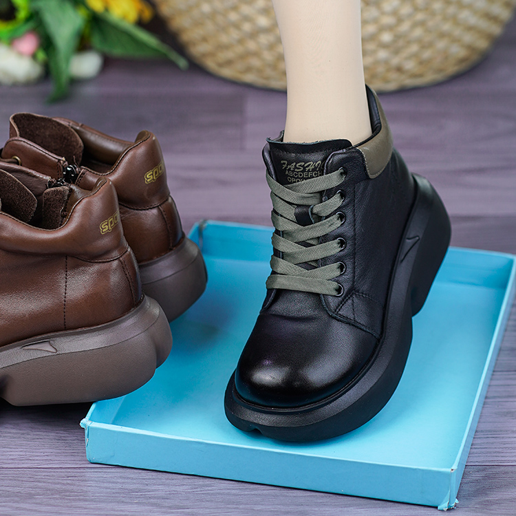 真皮松糕厚底防滑加绒保暖马丁靴