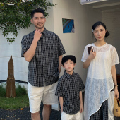 短袖 韩版 夏季 一家四口格子衬衫 母女拼接蕾丝连衣裙出游 ins亲子装
