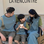 短袖 出游母女装 2026夏季 一家三四口拼色休闲Tt恤衫 裙子 韩版 亲子装