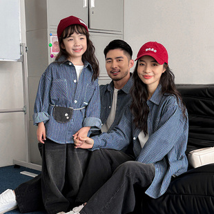 亲子装衬衫2026春秋季一家三四口条纹牛仔衬衣母女子长袖外套上衣