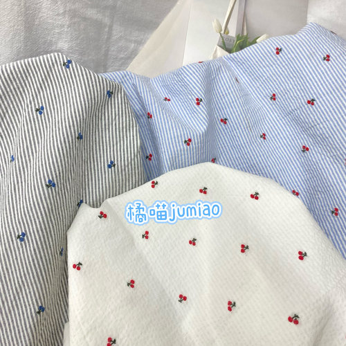 橘喵jumiao田园条纹樱桃提花水洗皱面料春秋款服装面料手工包发圈