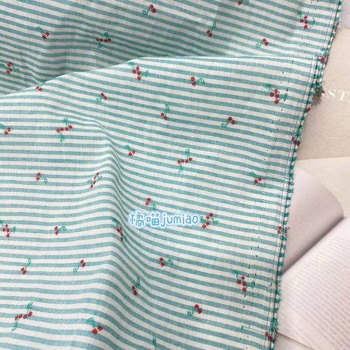 橘喵jumiao全棉提花面料小樱桃绿色条纹手工diy服装桌布包包发圈