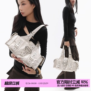 珠光白银 重工款 蛇皮纹铆钉腋下包辣妹单肩机车包 原创 简着25AW