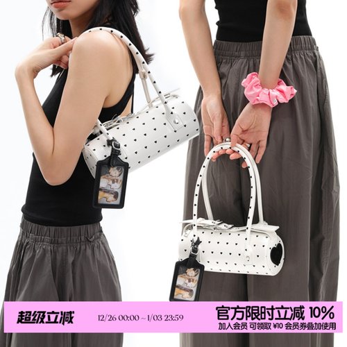 简着25SS 原创 爱心波点系列 白色漆皮圆筒包手提腋下包撞色卡套