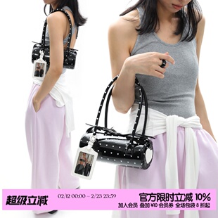 简着/原创 爱心波点系列黑色漆皮圆筒包手提腋下包通勤单肩小包女