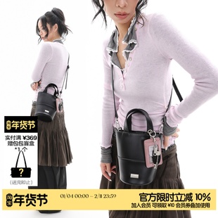 简着25AW 原创 黑粉 里尼墩墩小水桶包 麂皮绒含挂饰手提斜挎包