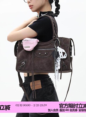 简着 /限定麂皮绒·棕色巴黎铆钉辣妹机车包 复古通勤单肩斜挎包