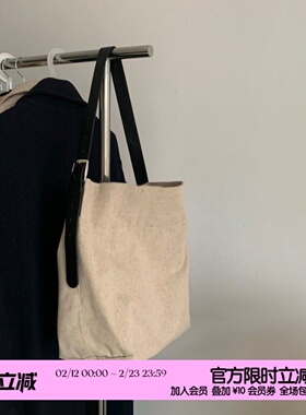 【简着】韩国麻料皮带帆布包小众ins托特通勤包大容量斜挎包包女