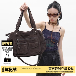 简着 /原创 深咖棕·里斯林肯 麂皮绒多口袋拉链机车包单肩斜挎包