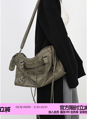 简着 /限定脏脏绿·巴黎铆钉辣妹机车包废土复古大容量手提斜挎包