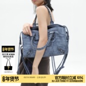 简着 限定牛仔蓝·巴黎铆钉辣妹机车包 复古通勤单肩手提斜挎包