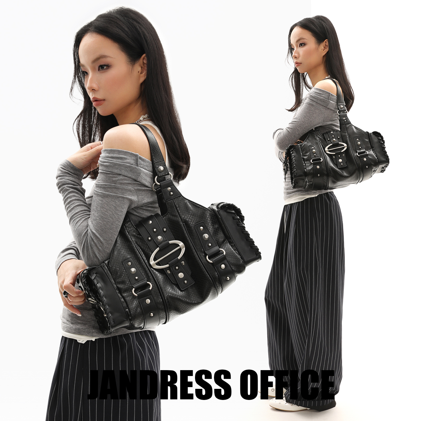 简着25AW 原创 重工款 黑色蛇皮纹铆钉腋下机车包 潮酷辣妹单肩包