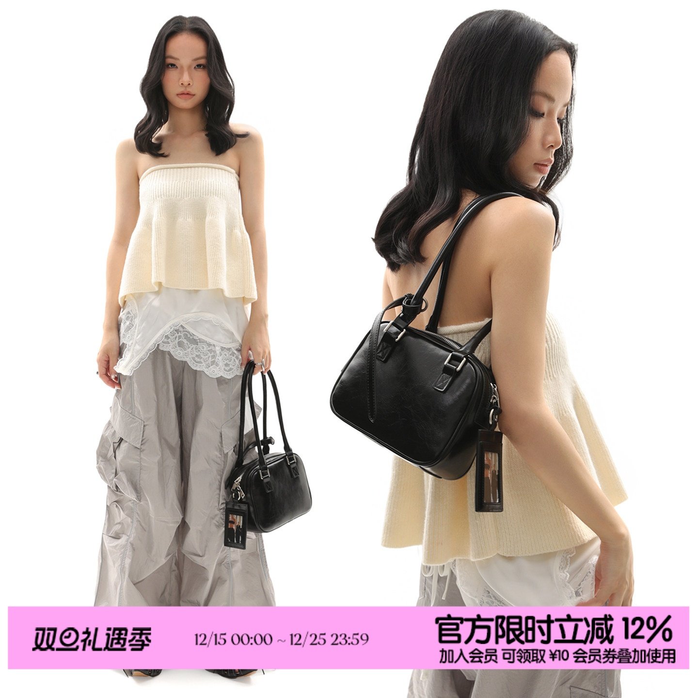 简着25AW 原创 黑色双面卡套波士顿包 单肩腋下保龄球包豆腐包