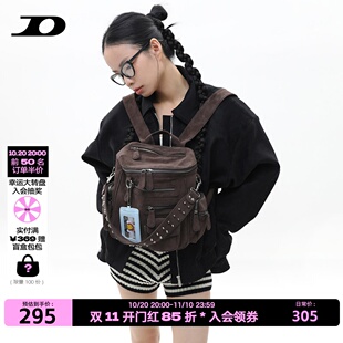 简着 /原创小号里斯林肯麂皮棕书包女美拉德多口袋铆钉机车双肩包