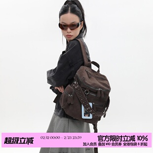 简着 /原创 里斯林肯麂皮棕 旷野美拉德拉链铆钉通勤机车双肩包