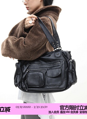 简着 /原创 里斯林肯多口袋拉链辣妹机车包黑色y2k潮酷单肩斜挎包
