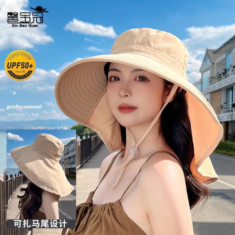 UPF50大檐户外时尚披肩夏季渔夫帽太阳帽韩版孔女马尾帽子带防晒