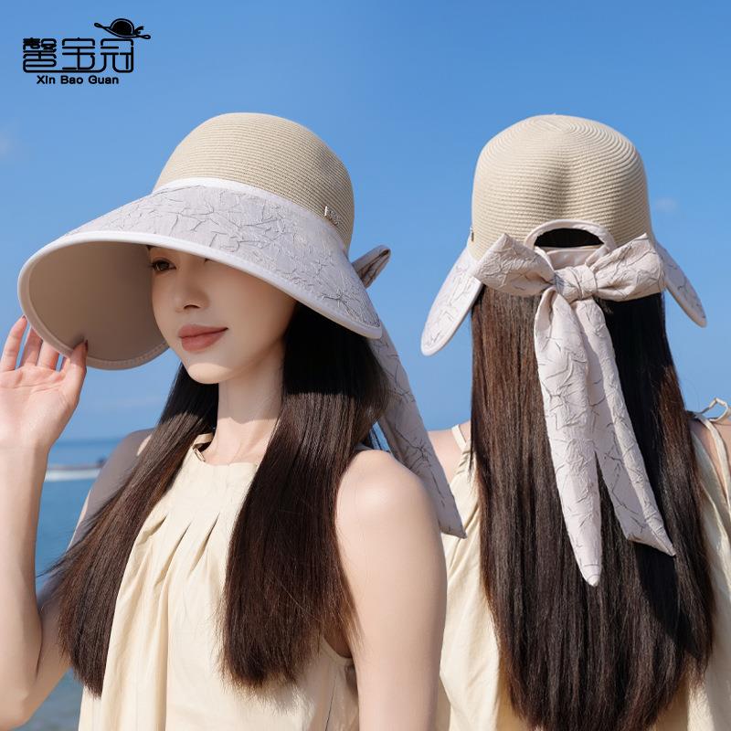 帽女百搭夏季草编户外防晒遮阳帽时尚大檐蝴蝶结度假海边沙滩帽子