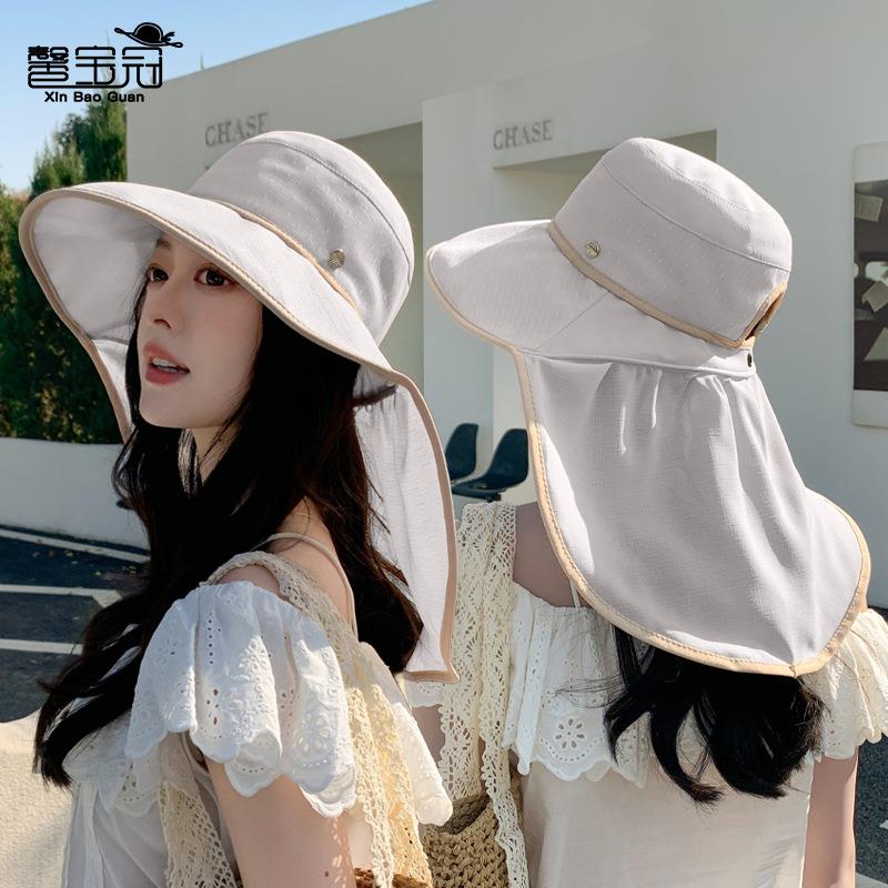 遮阳帽带子女披肩防晒渔夫帽大檐帽护颈夏季马尾帽时尚孔户外韩版