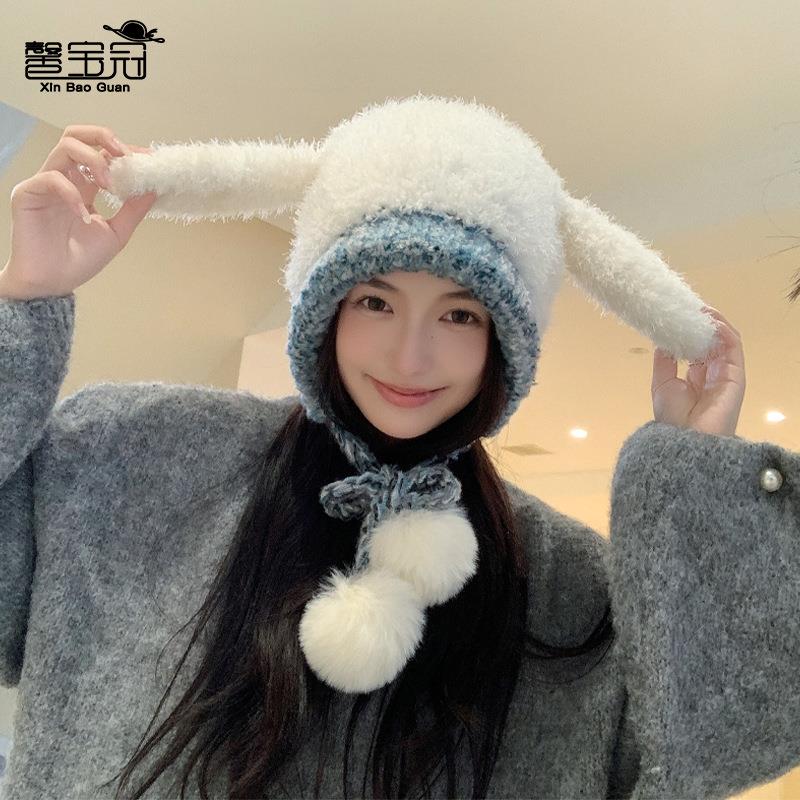套防寒保暖冬季帽子小可爱针织显脸头帽耳朵女日系兔子护耳帽毛绒
