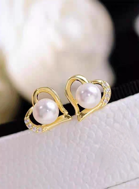 【LH】6-7mm天然珍珠耳钉微镶桃心款耳环14k注金工艺防过敏材质